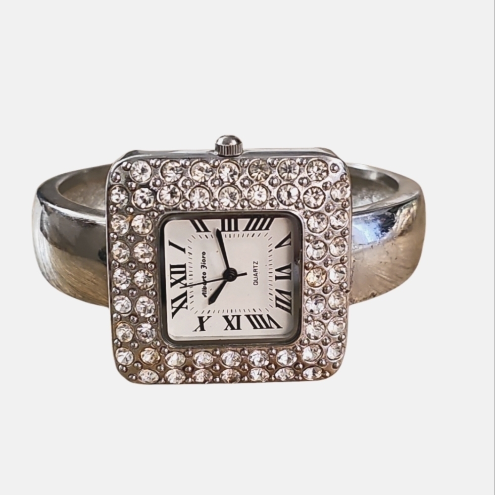 Alberto Fioro silver-tone cuff watch w/ a quartz movement and rhinestone accents